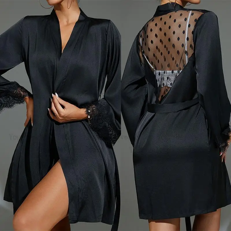 Kimono Sheer Floral - Curto quimono preto pura malha robe