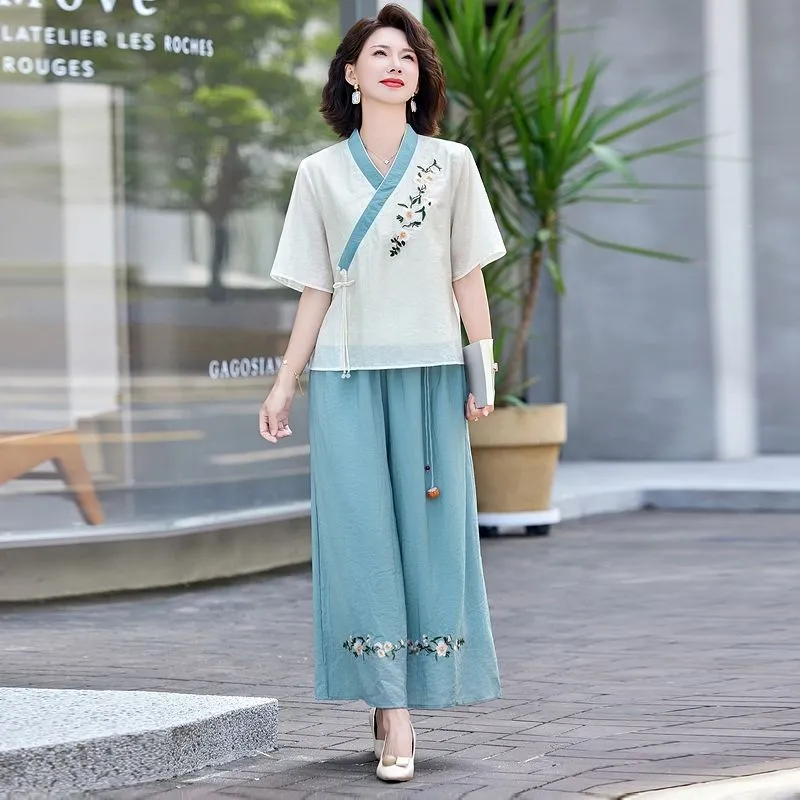 Linen Pant Wide - Conjunto de duas peças em linho