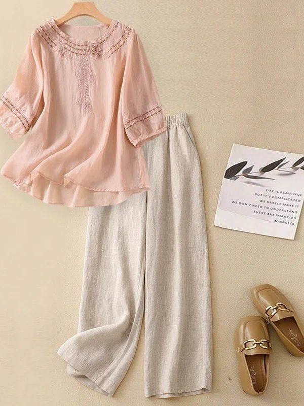 Conjunto de Algodão e Linho de - Linen Pant Wide avaliação e preço